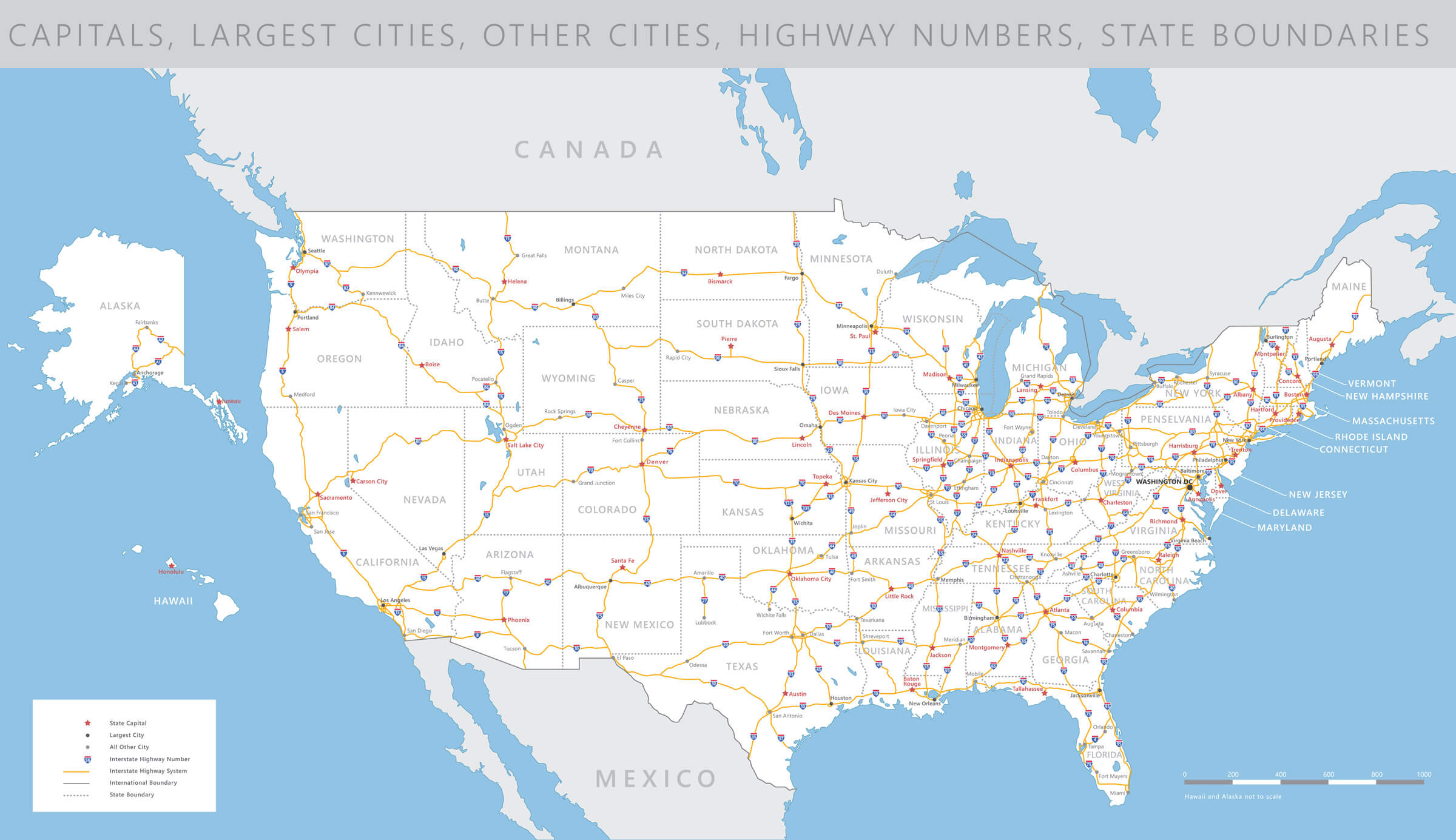 High Detailed USA Interstate Road Map with State Capitals and Boundaries